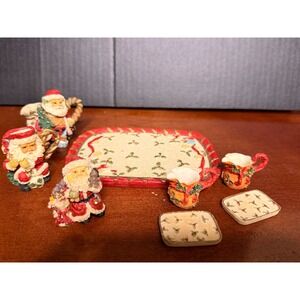 Vintage 1995 Popular Imports Santa Claus Miniature Tea Set Polystone Resin 7pc